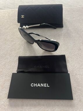 Chanel Black Square Sunglasses with Pearl Detail